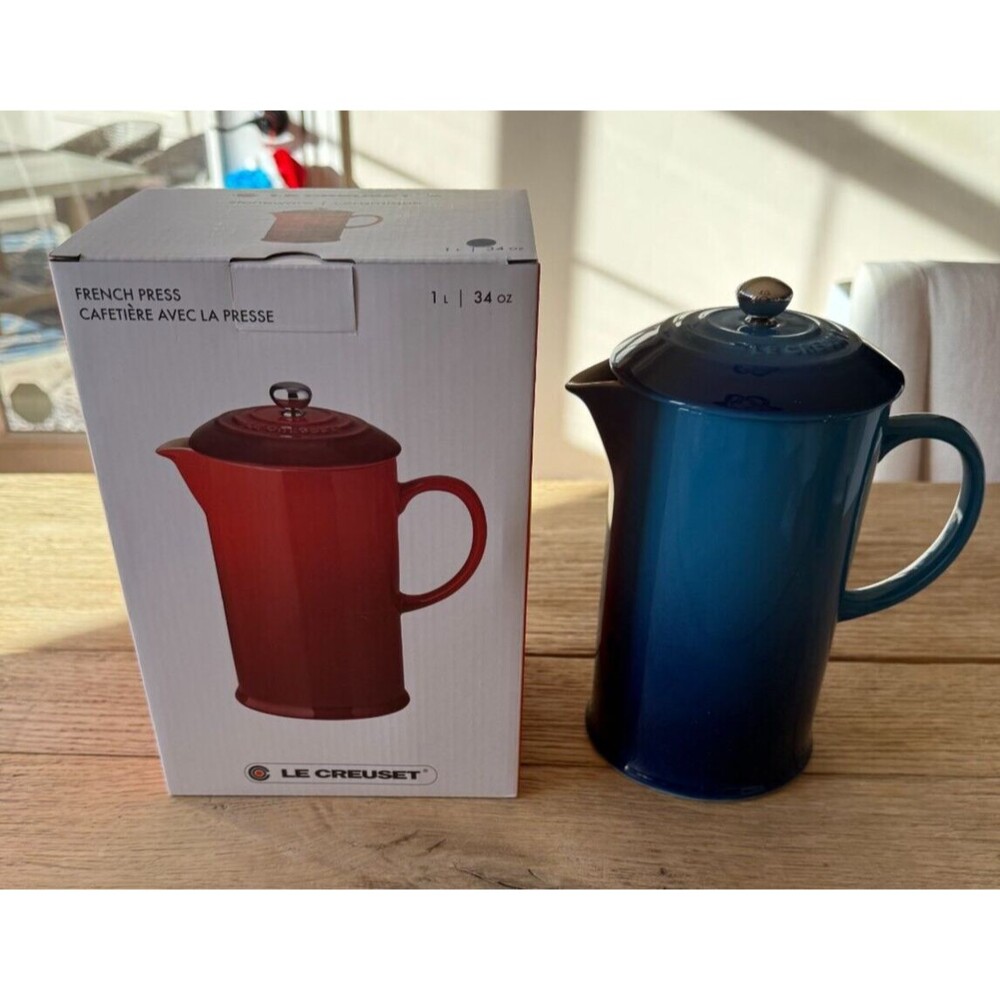 Le Creuset Stoneware 34 oz 1 Liter French Press Azure Blue NEW